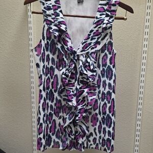 Madison Sleeveless Ruffle Front Leopard Print Camisole - White, Purple, Black
